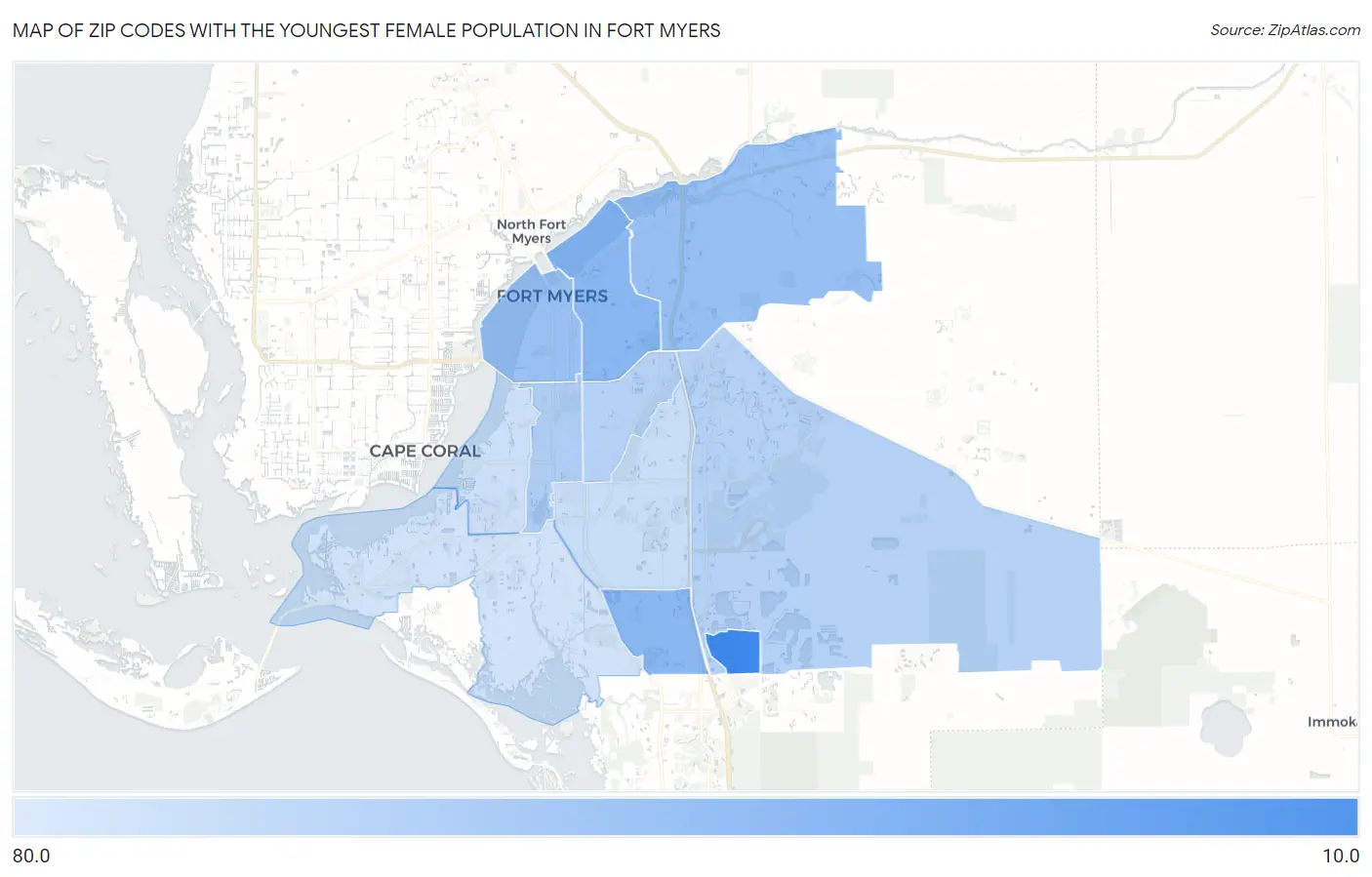 Zip Codes with the Youngest Female Population in Fort Myers Map
