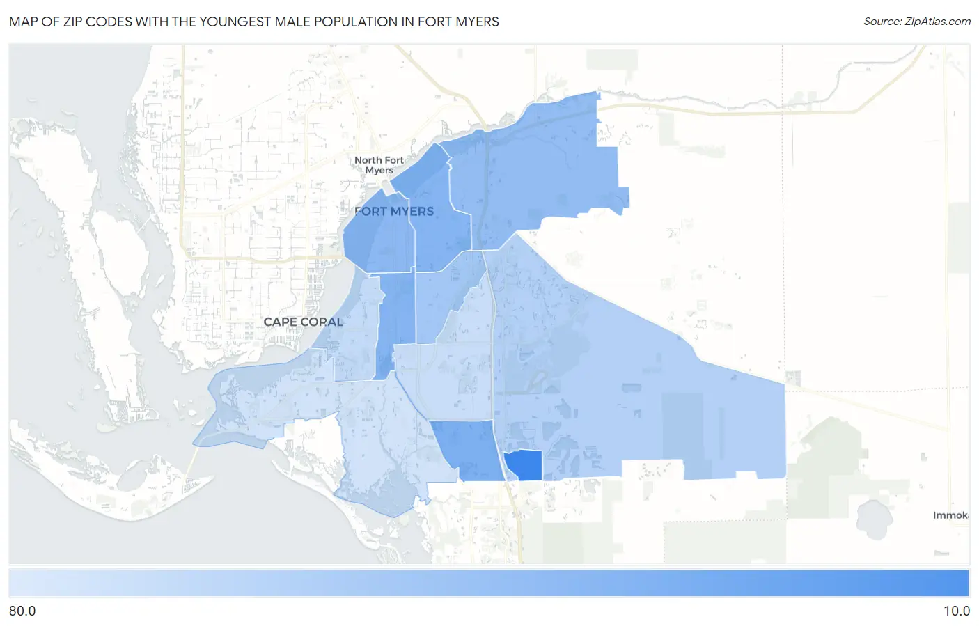 Zip Codes with the Youngest Male Population in Fort Myers Map
