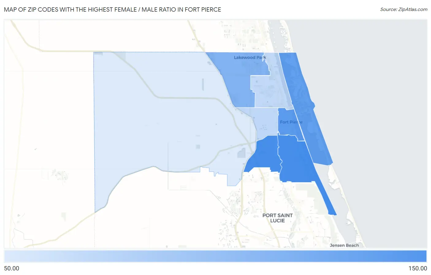 Zip Codes with the Highest Female / Male Ratio in Fort Pierce Map
