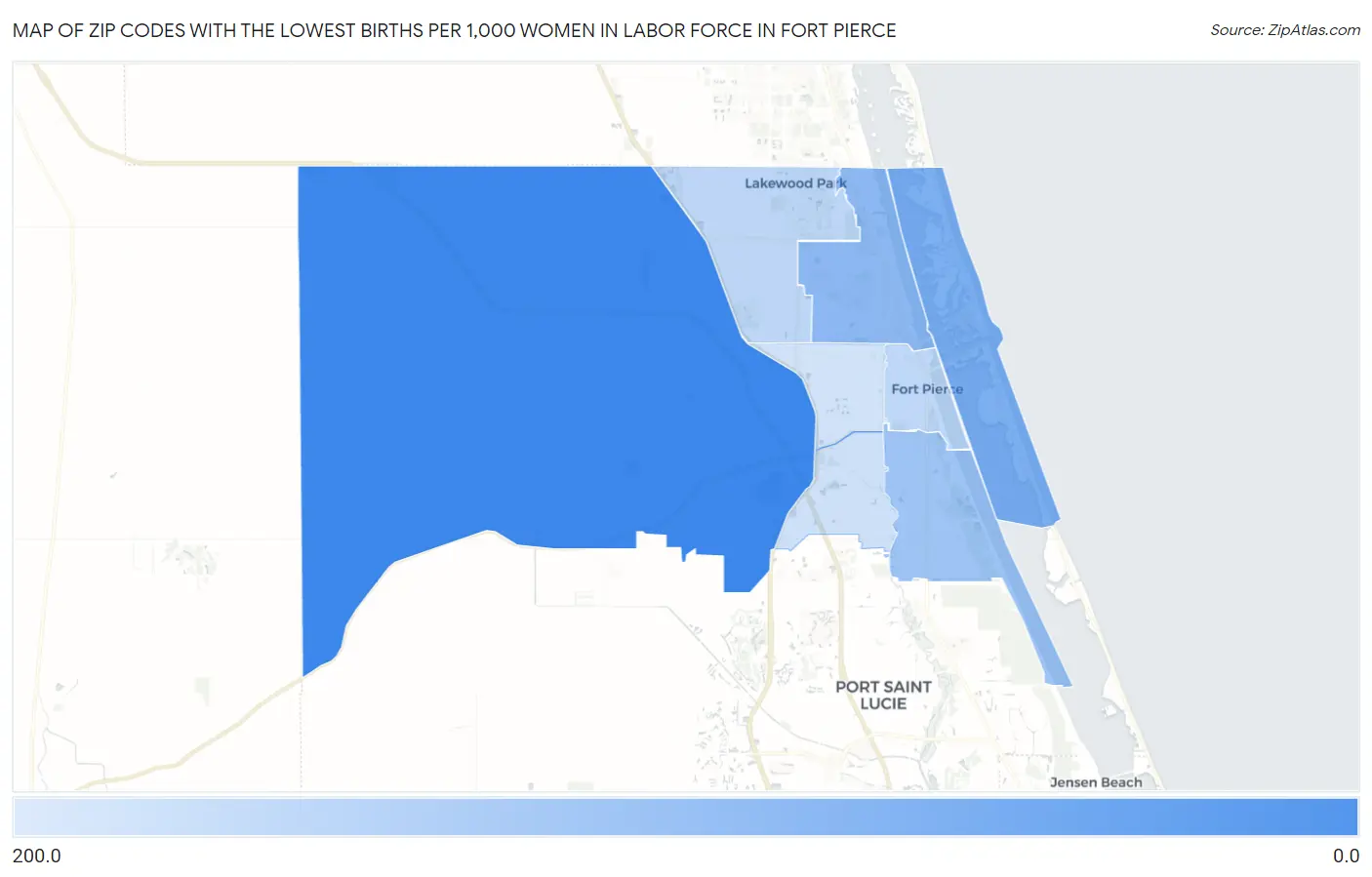Zip Codes with the Lowest Births per 1,000 Women in Labor Force in Fort Pierce Map