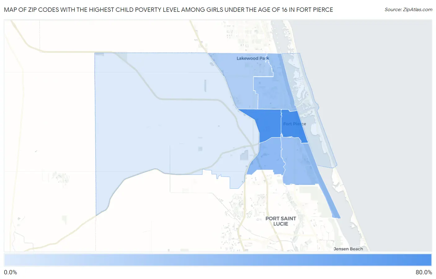 Zip Codes with the Highest Child Poverty Level Among Girls Under the Age of 16 in Fort Pierce Map
