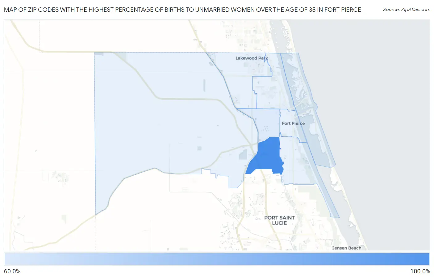 Zip Codes with the Highest Percentage of Births to Unmarried Women over the Age of 35 in Fort Pierce Map