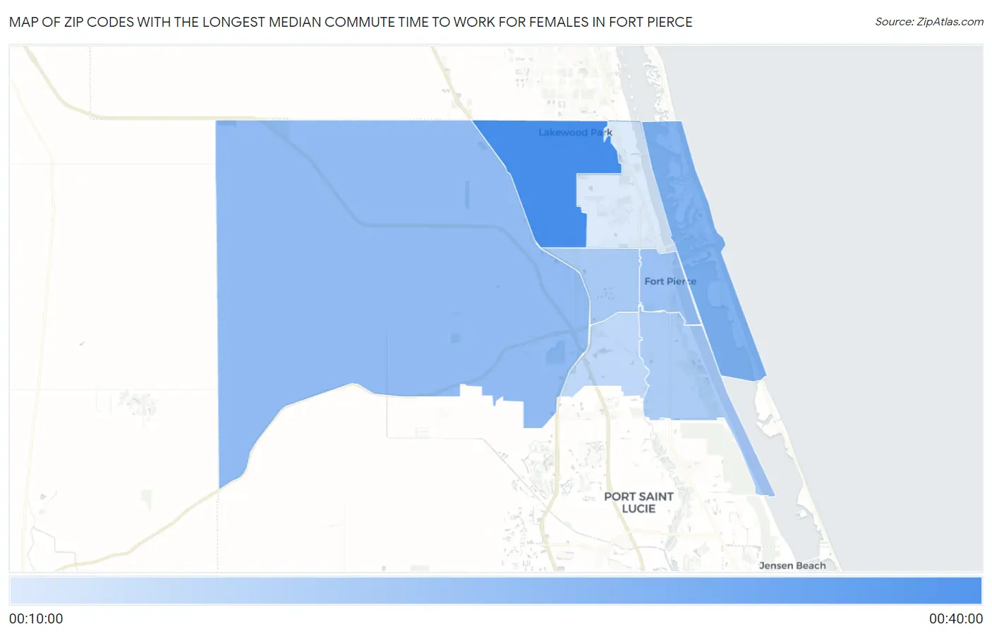 Zip Codes with the Longest Median Commute Time to Work for Females in Fort Pierce Map