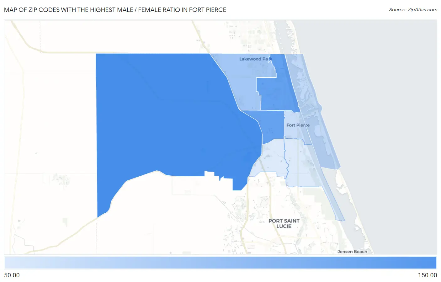 Zip Codes with the Highest Male / Female Ratio in Fort Pierce Map
