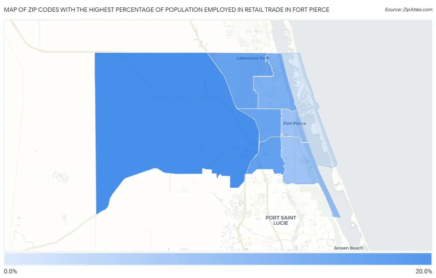 Zip Codes with the Highest Percentage of Population Employed in Retail Trade in Fort Pierce Map
