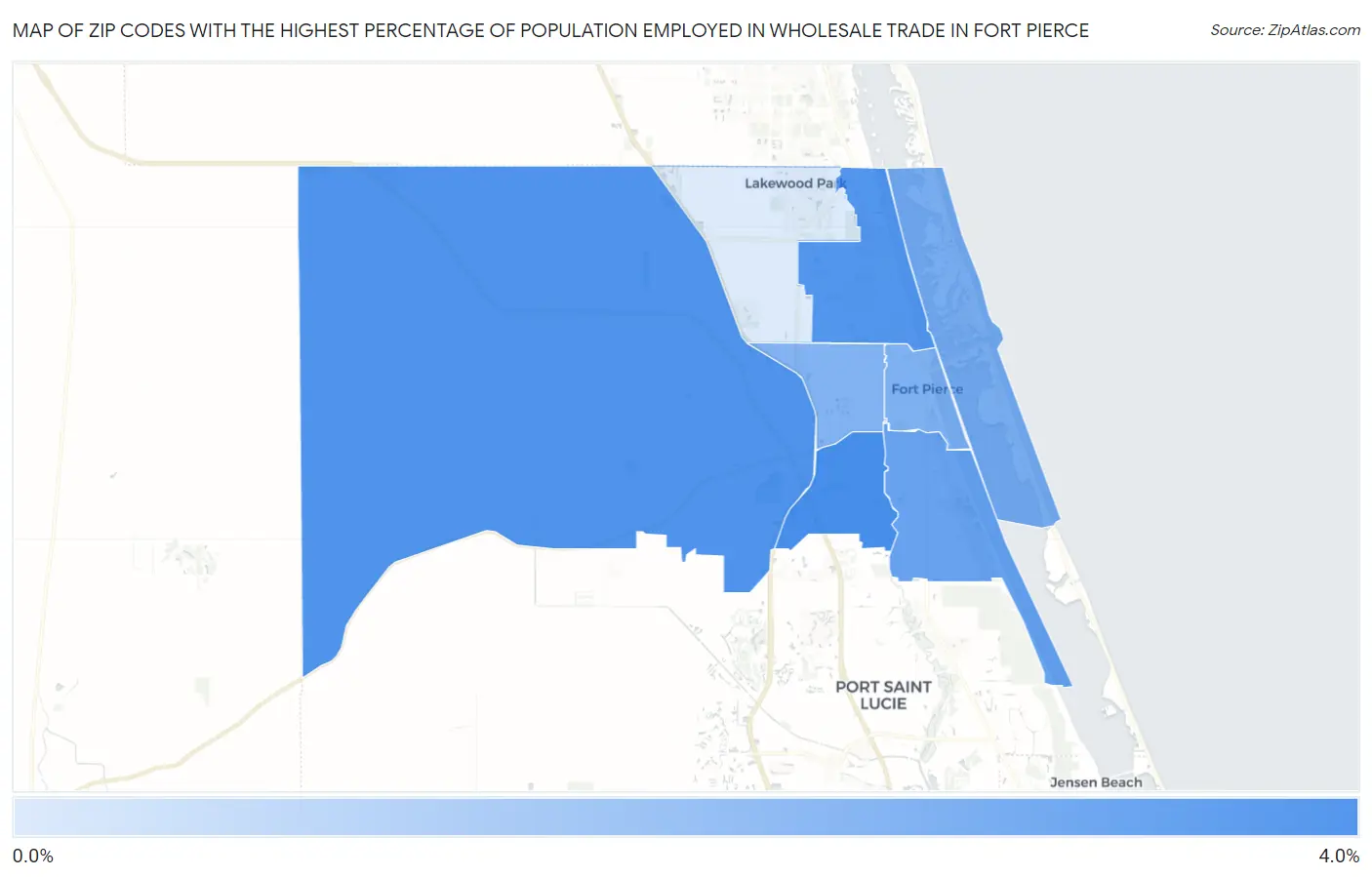 Zip Codes with the Highest Percentage of Population Employed in Wholesale Trade in Fort Pierce Map