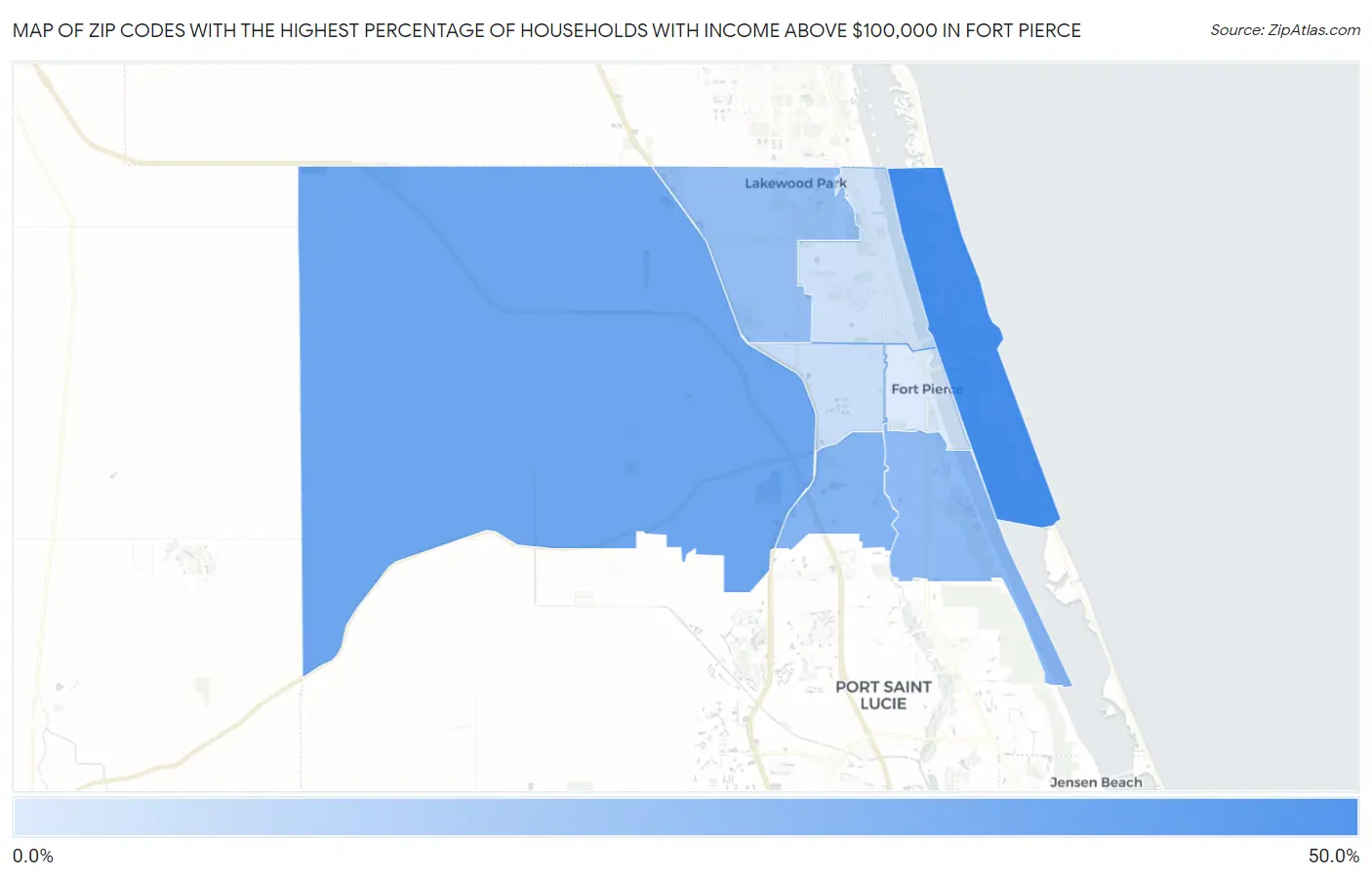 Zip Codes with the Highest Percentage of Households with Income Above $100,000 in Fort Pierce Map