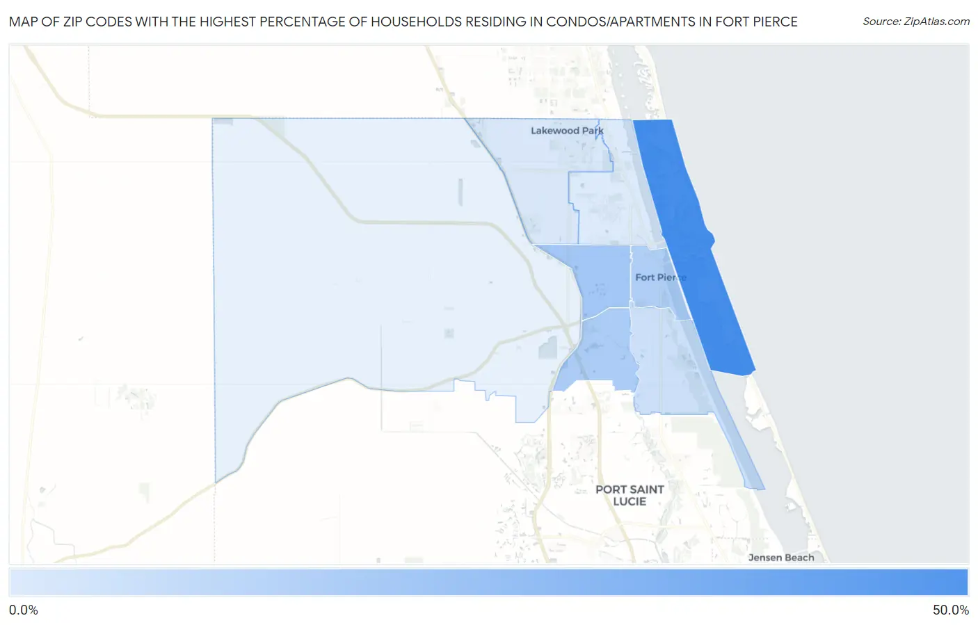 Zip Codes with the Highest Percentage of Households Residing in Condos/Apartments in Fort Pierce Map