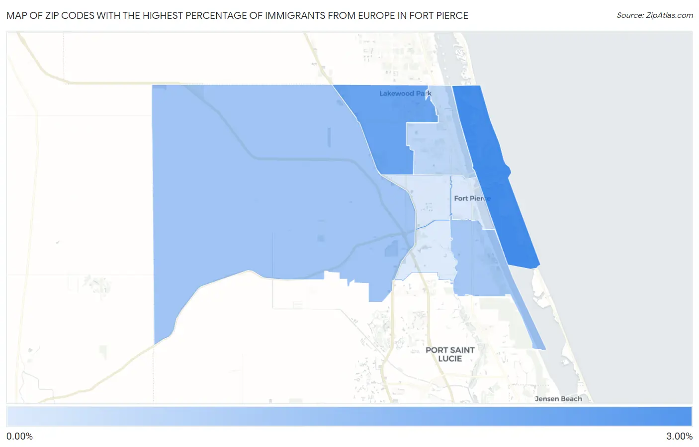 Zip Codes with the Highest Percentage of Immigrants from Europe in Fort Pierce Map