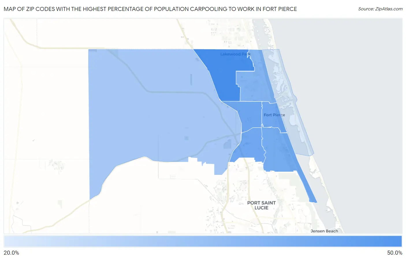Zip Codes with the Highest Percentage of Population Carpooling to Work in Fort Pierce Map