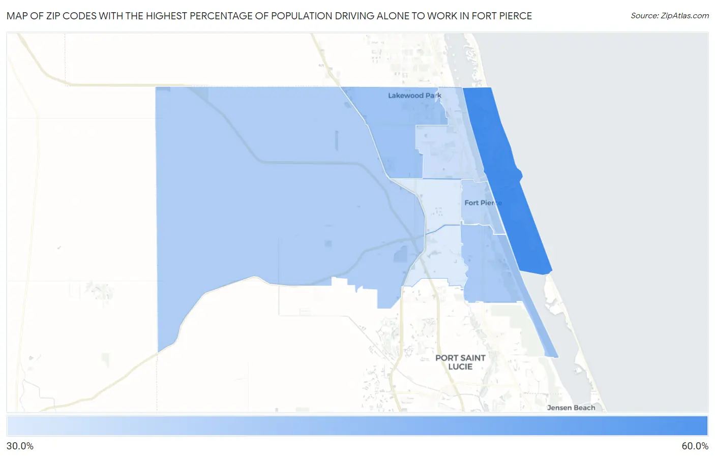 Zip Codes with the Highest Percentage of Population Driving Alone to Work in Fort Pierce Map