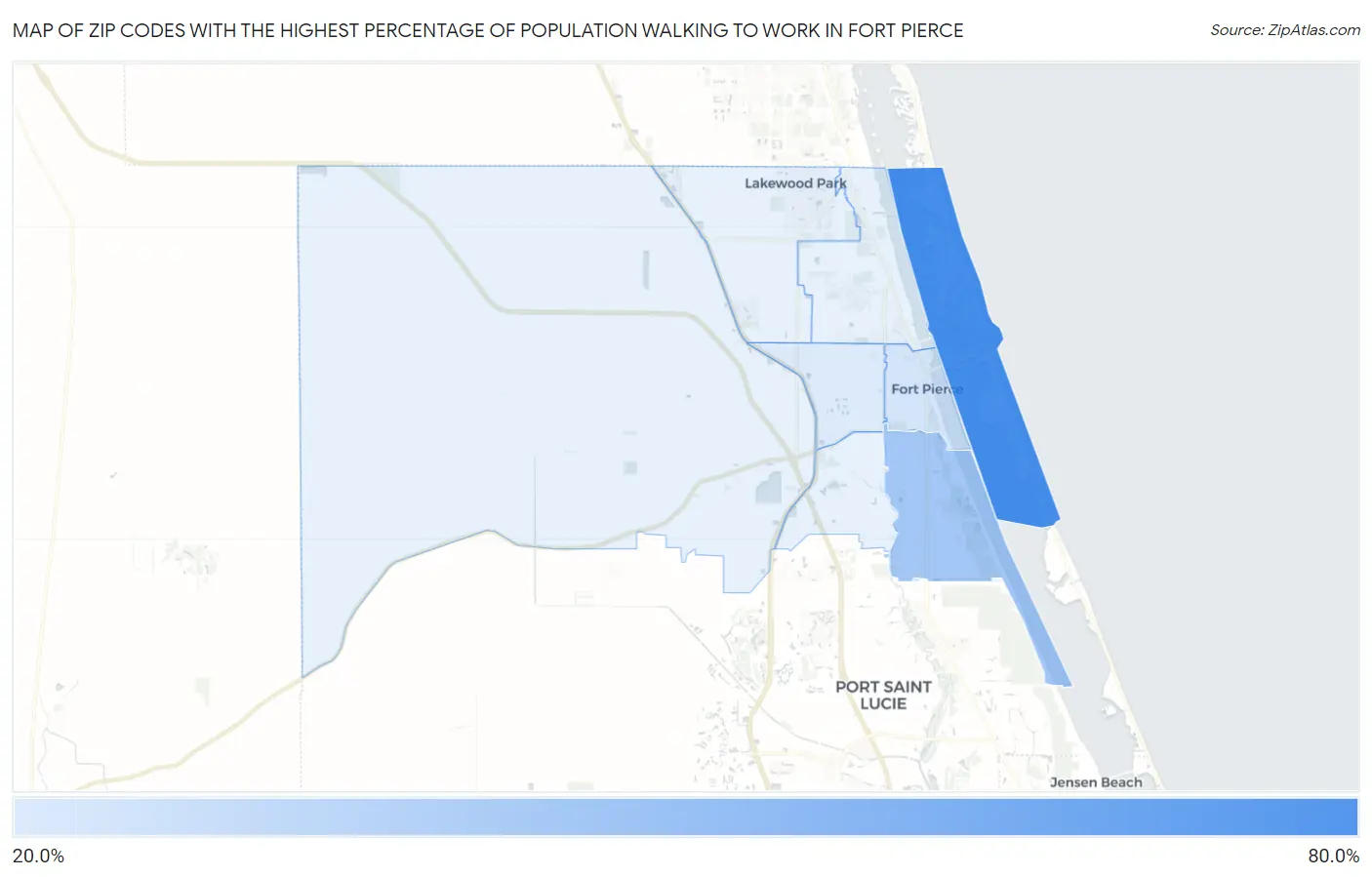 Zip Codes with the Highest Percentage of Population Walking to Work in Fort Pierce Map