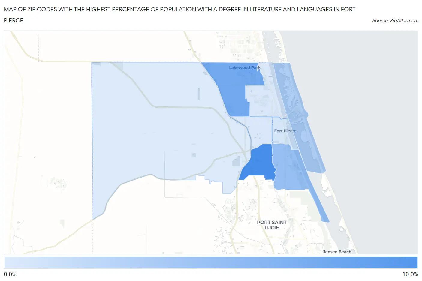 Zip Codes with the Highest Percentage of Population with a Degree in Literature and Languages in Fort Pierce Map
