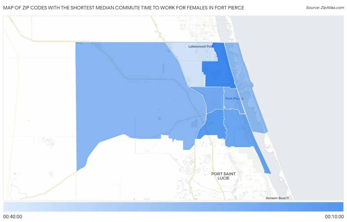 Zip Codes with the Shortest Median Commute Time to Work for Females in Fort Pierce Map