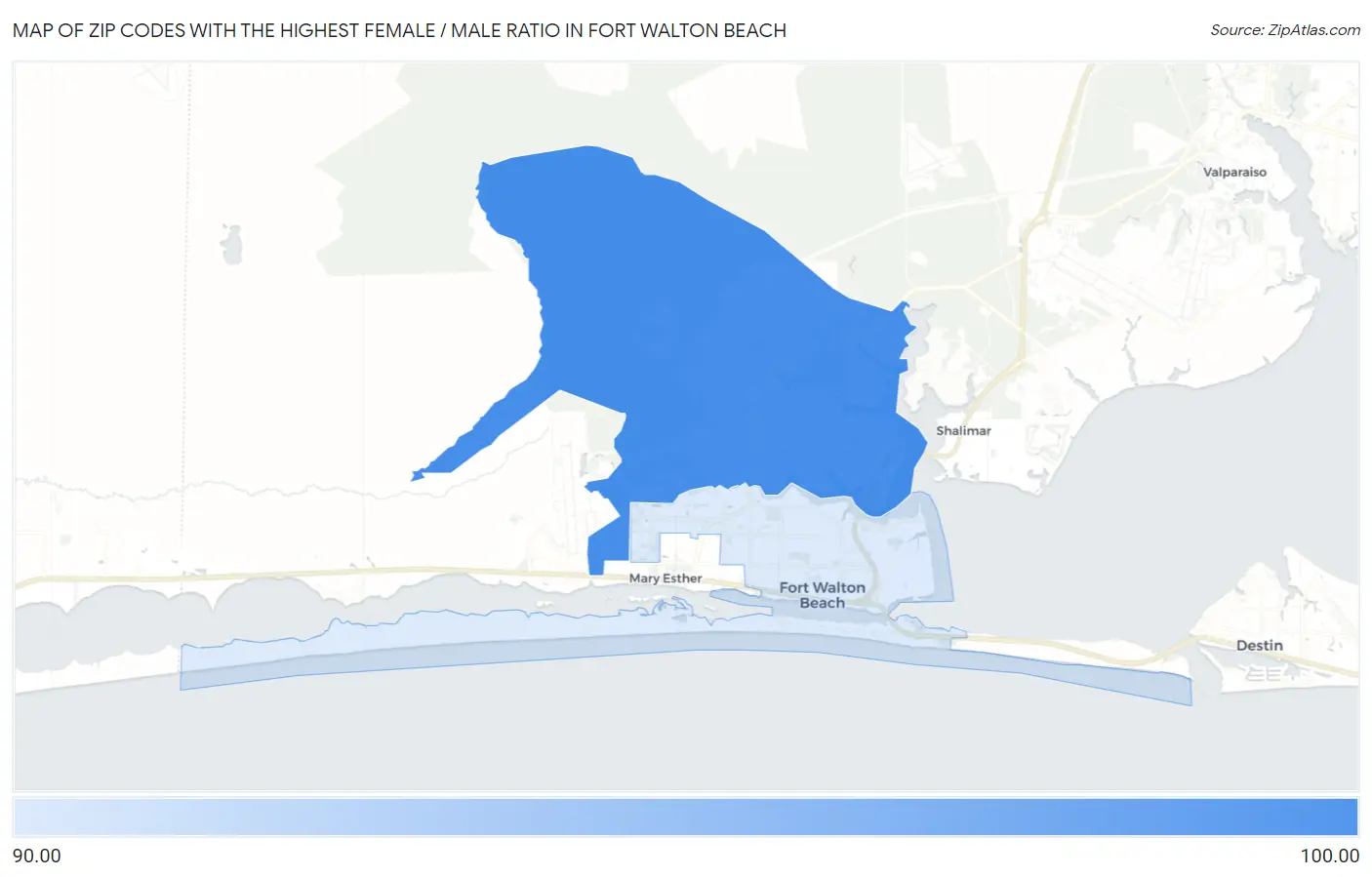 Zip Codes with the Highest Female / Male Ratio in Fort Walton Beach Map