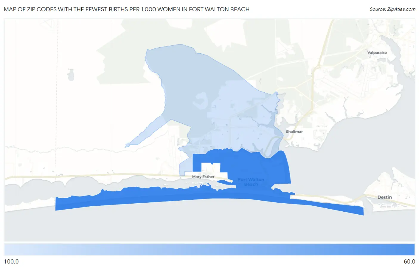 Zip Codes with the Fewest Births per 1,000 Women in Fort Walton Beach Map