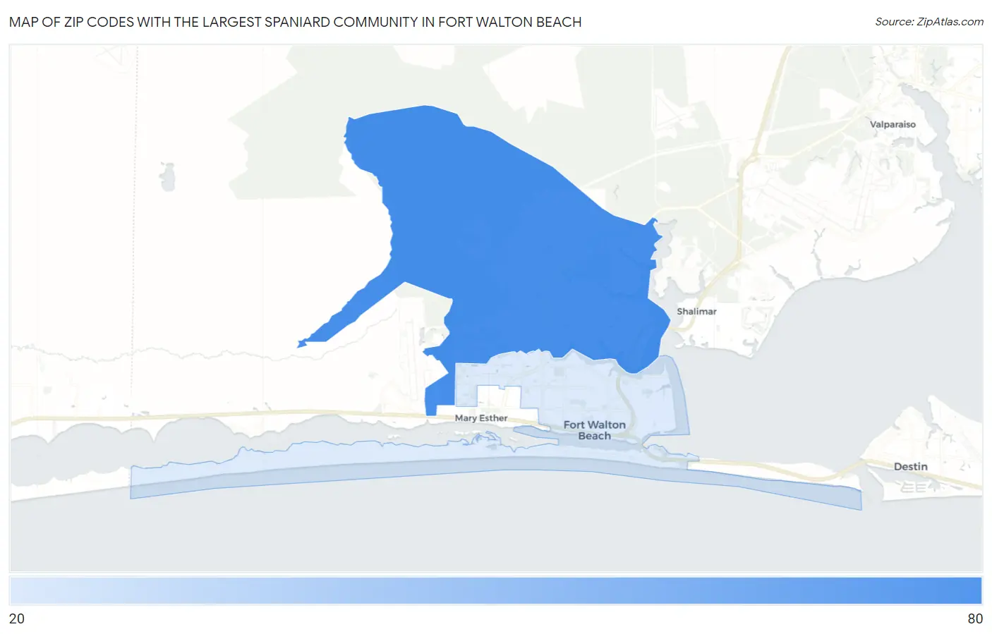 Zip Codes with the Largest Spaniard Community in Fort Walton Beach Map