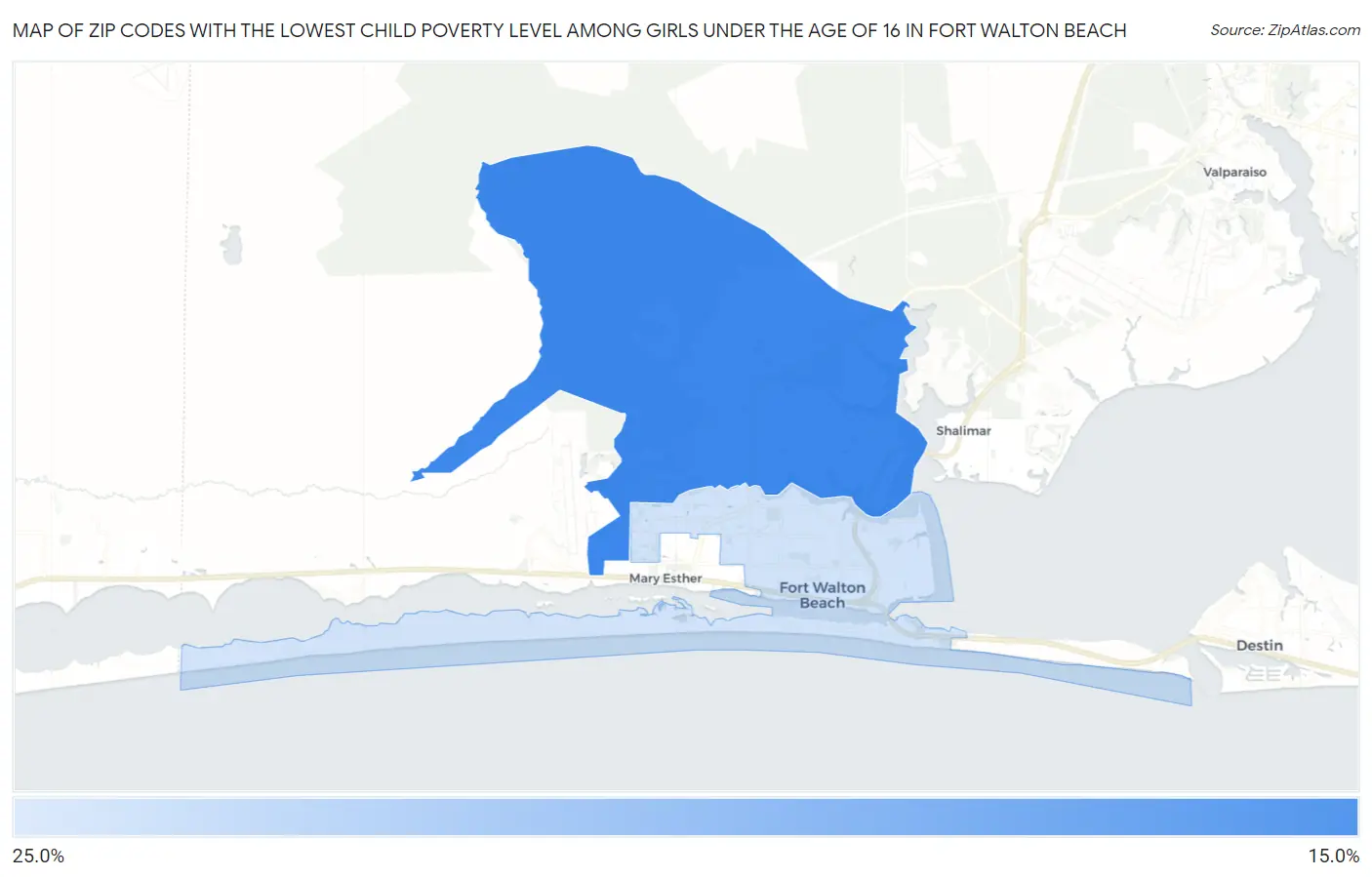 Zip Codes with the Lowest Child Poverty Level Among Girls Under the Age of 16 in Fort Walton Beach Map