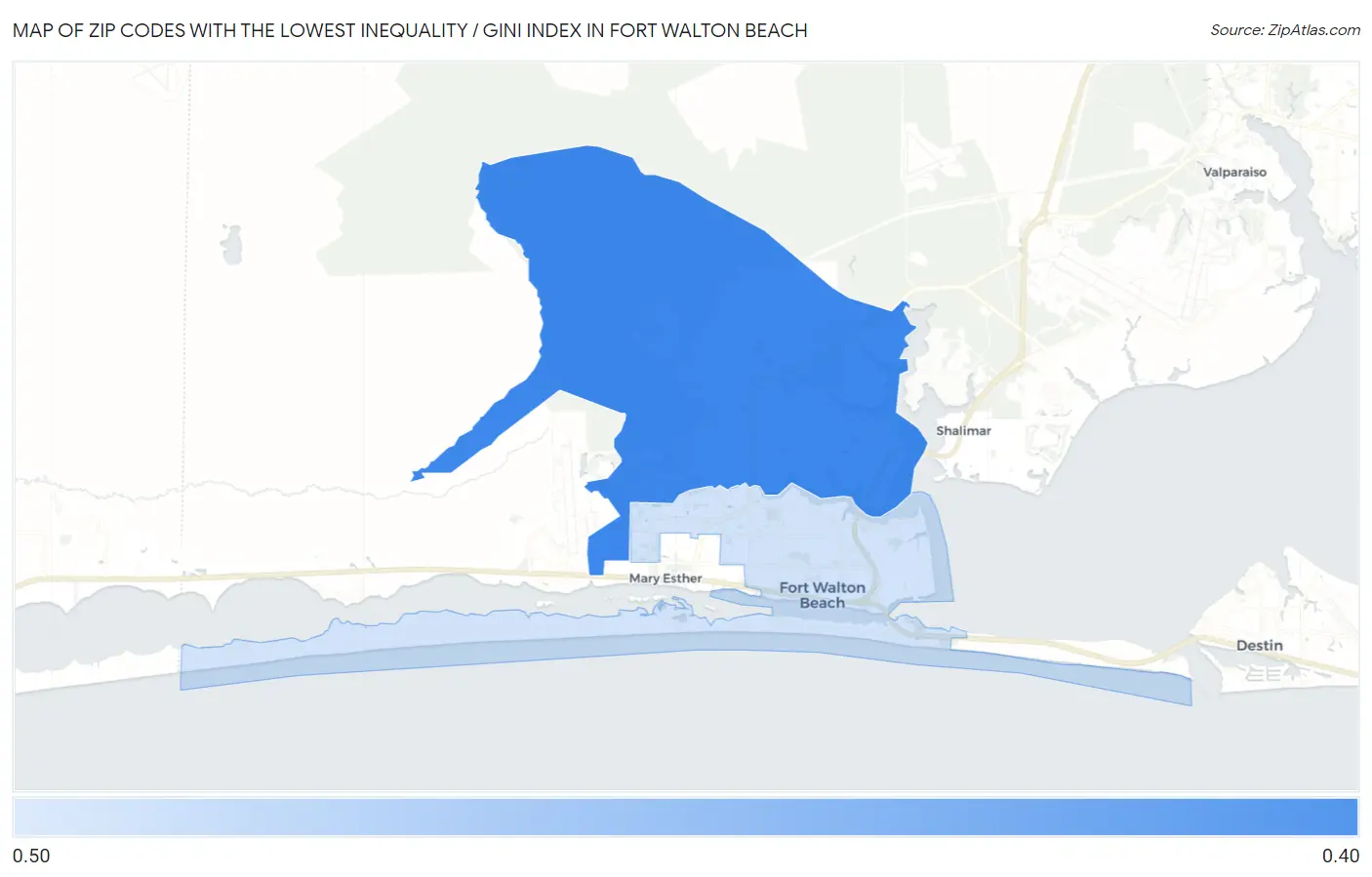 Zip Codes with the Lowest Inequality / Gini Index in Fort Walton Beach Map