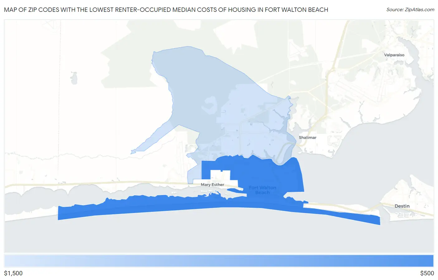 Zip Codes with the Lowest Renter-Occupied Median Costs of Housing in Fort Walton Beach Map