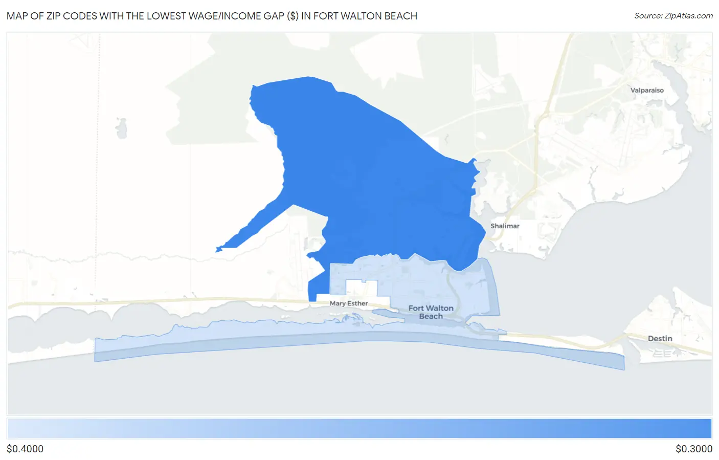 Zip Codes with the Lowest Wage/Income Gap ($) in Fort Walton Beach Map