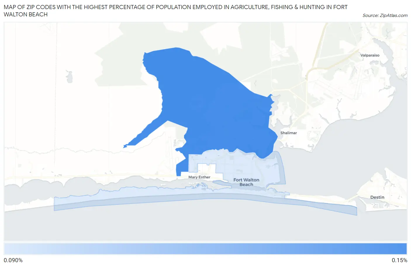 Zip Codes with the Highest Percentage of Population Employed in Agriculture, Fishing & Hunting in Fort Walton Beach Map
