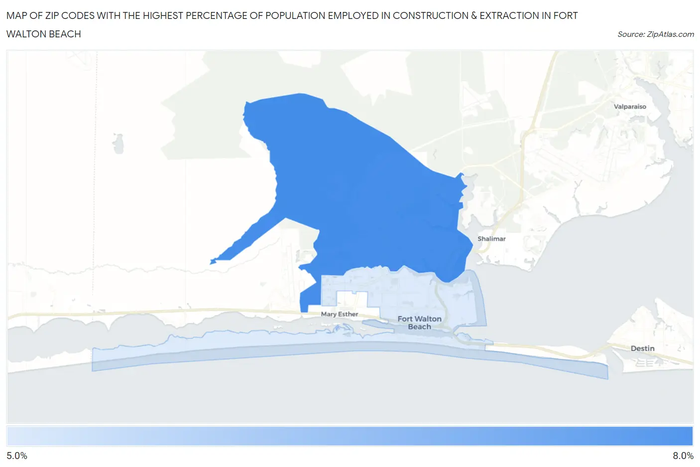 Zip Codes with the Highest Percentage of Population Employed in Construction & Extraction in Fort Walton Beach Map