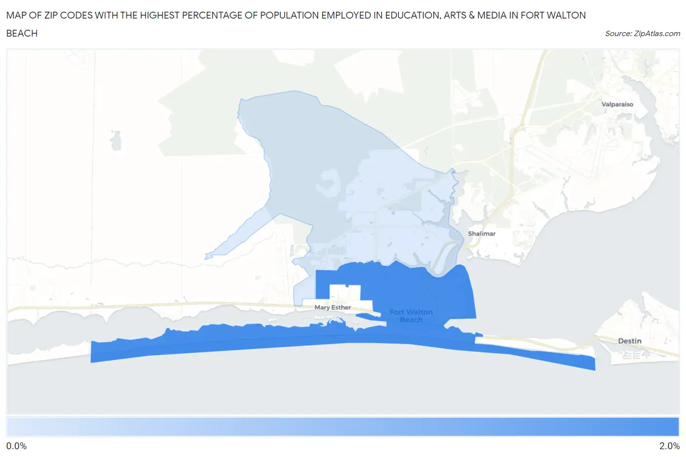 Zip Codes with the Highest Percentage of Population Employed in Education, Arts & Media in Fort Walton Beach Map