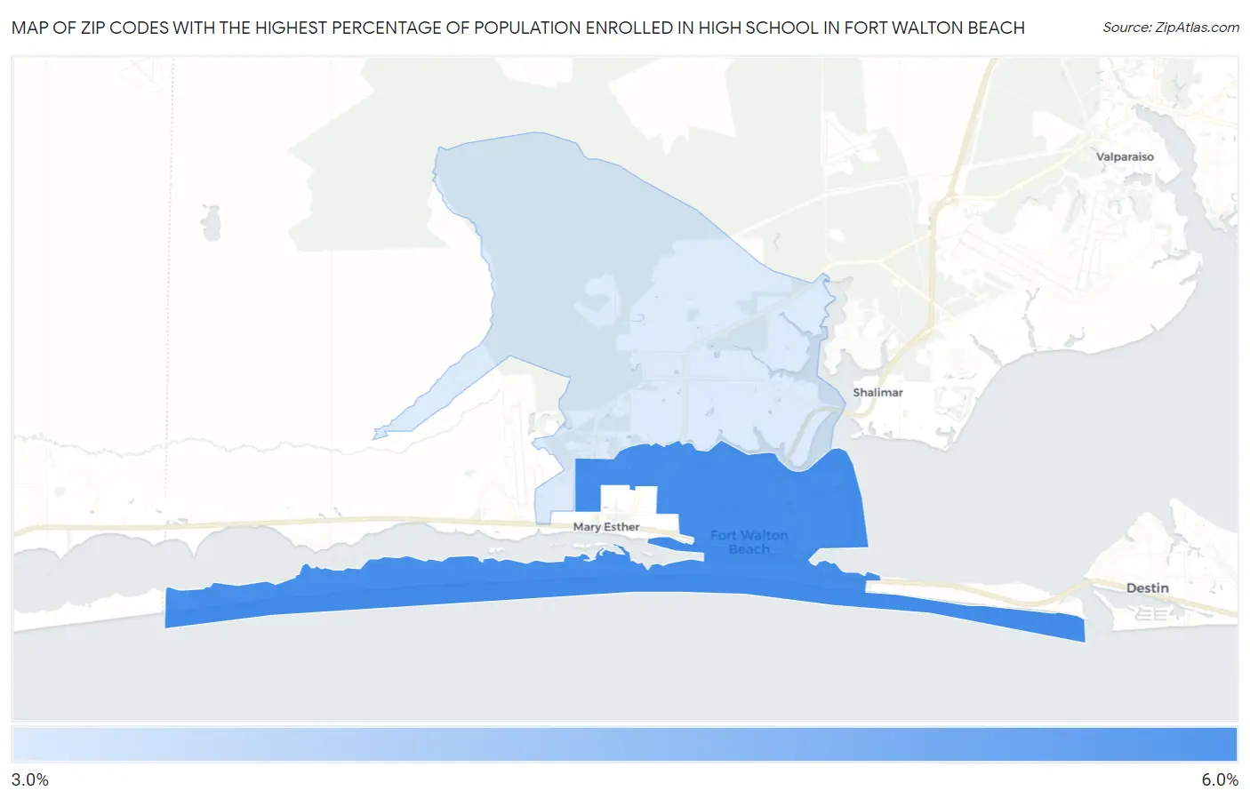 Zip Codes with the Highest Percentage of Population Enrolled in High School in Fort Walton Beach Map