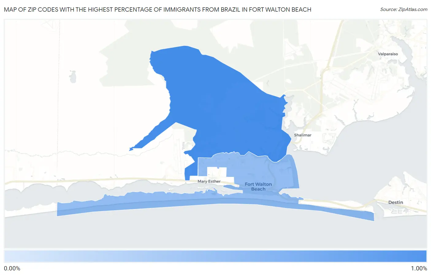 Zip Codes with the Highest Percentage of Immigrants from Brazil in Fort Walton Beach Map