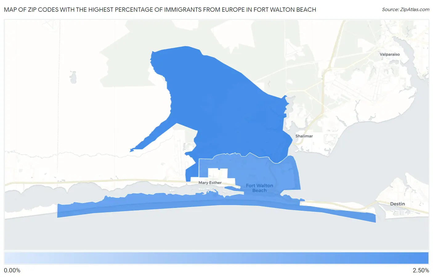 Zip Codes with the Highest Percentage of Immigrants from Europe in Fort Walton Beach Map