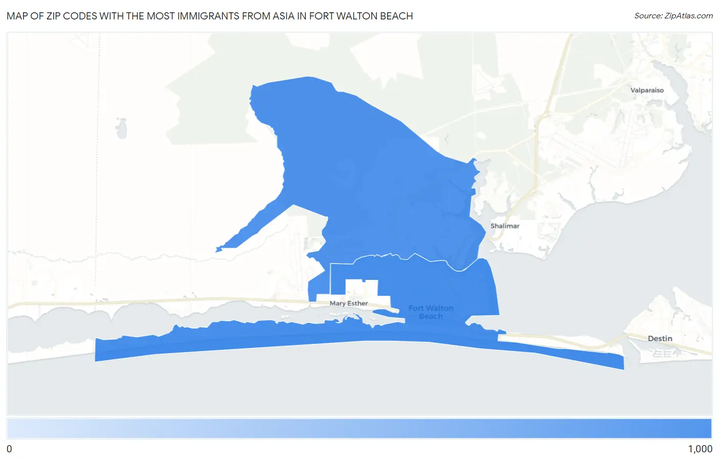 Zip Codes with the Most Immigrants from Asia in Fort Walton Beach Map