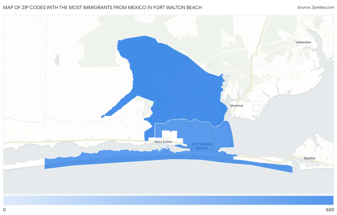 Zip Codes with the Most Immigrants from Mexico in Fort Walton Beach Map