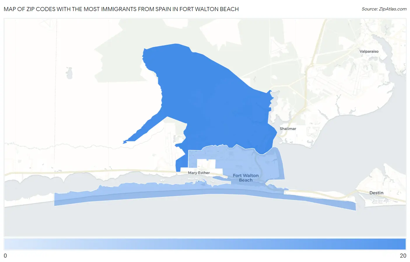 Zip Codes with the Most Immigrants from Spain in Fort Walton Beach Map