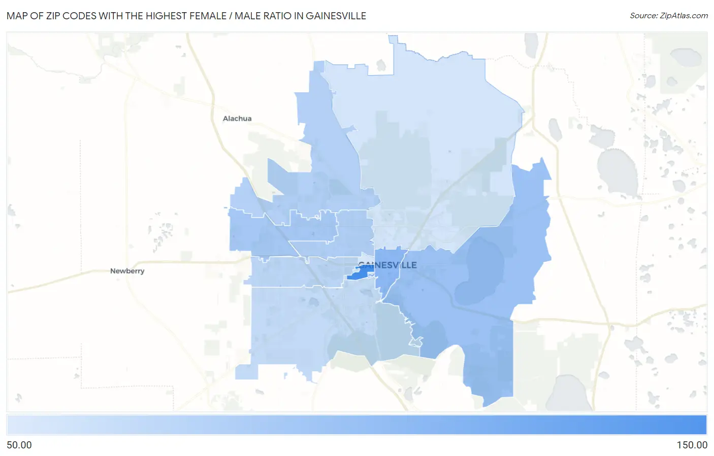 Zip Codes with the Highest Female / Male Ratio in Gainesville Map