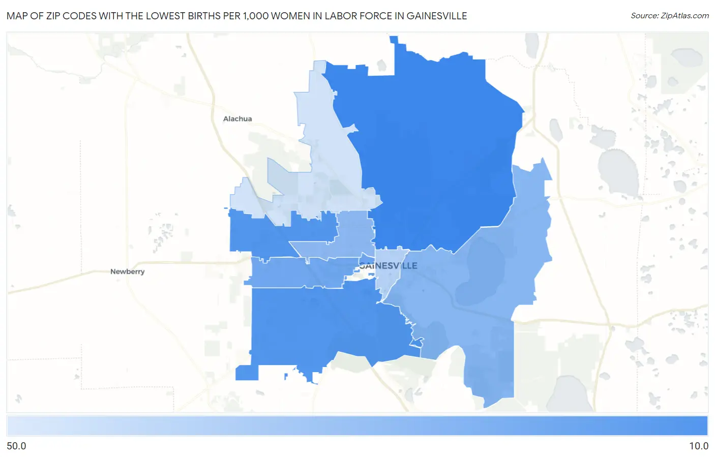 Zip Codes with the Lowest Births per 1,000 Women in Labor Force in Gainesville Map