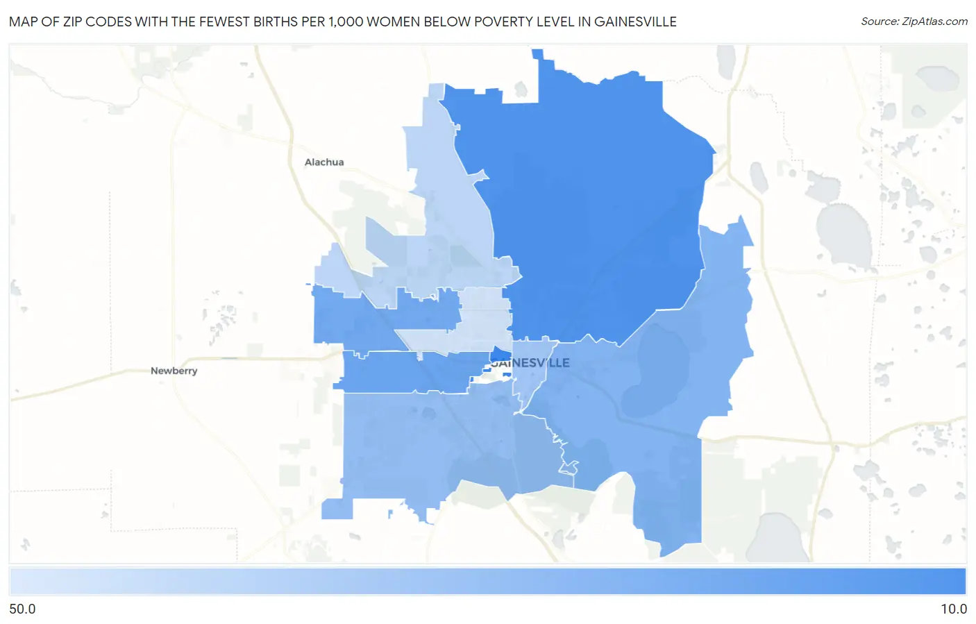 Zip Codes with the Fewest Births per 1,000 Women Below Poverty Level in Gainesville Map