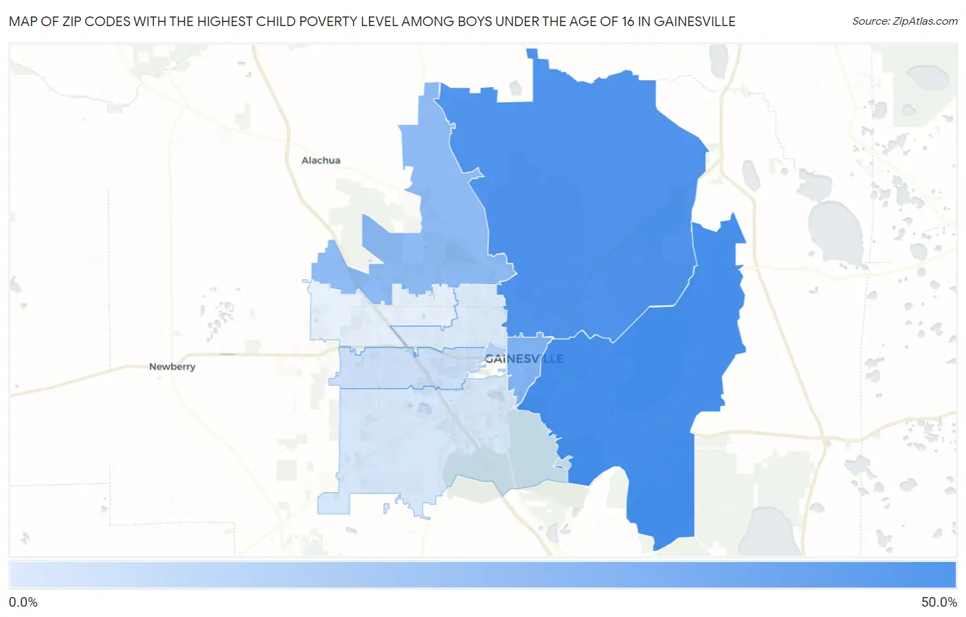 Zip Codes with the Highest Child Poverty Level Among Boys Under the Age of 16 in Gainesville Map