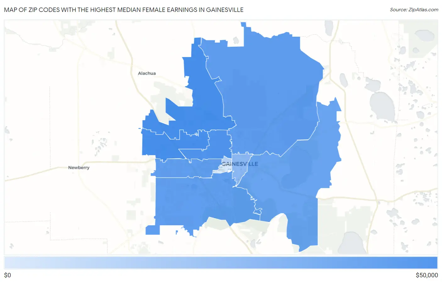 Zip Codes with the Highest Median Female Earnings in Gainesville Map