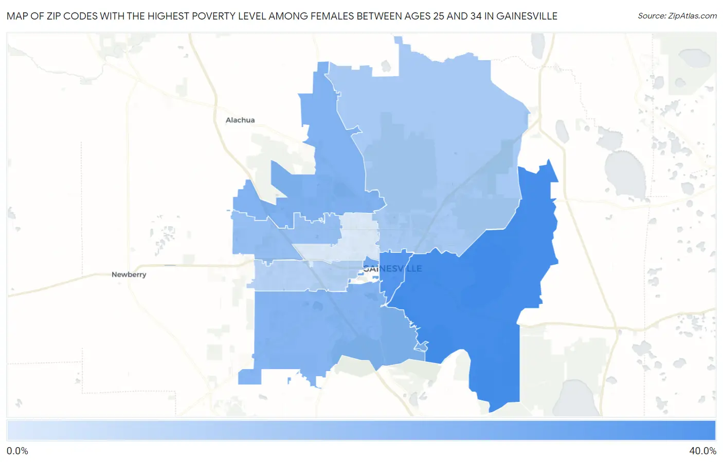 Zip Codes with the Highest Poverty Level Among Females Between Ages 25 and 34 in Gainesville Map