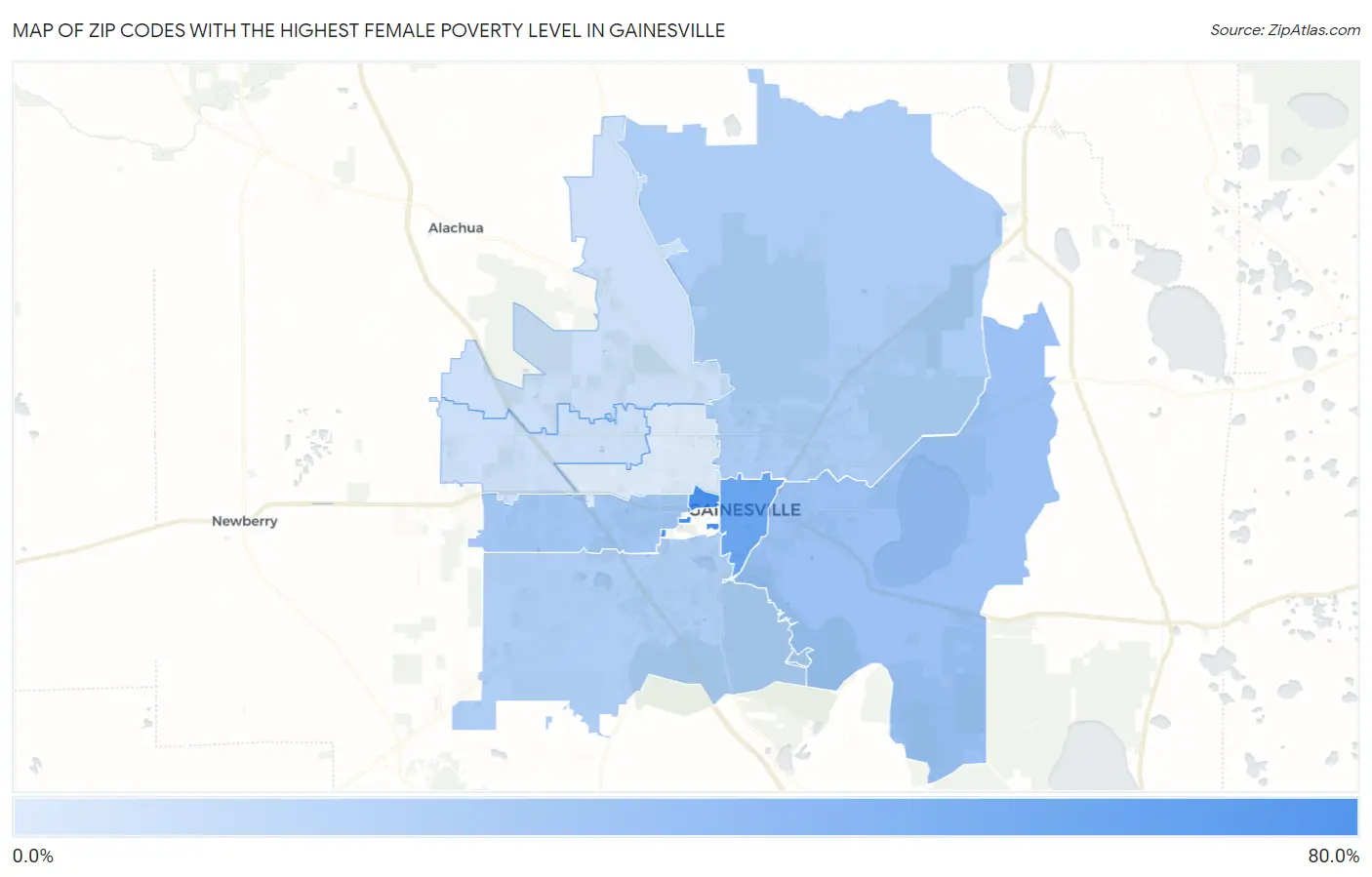 Zip Codes with the Highest Female Poverty Level in Gainesville Map
