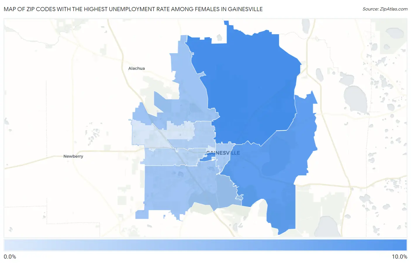 Zip Codes with the Highest Unemployment Rate Among Females in Gainesville Map