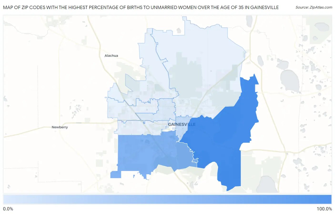 Zip Codes with the Highest Percentage of Births to Unmarried Women over the Age of 35 in Gainesville Map