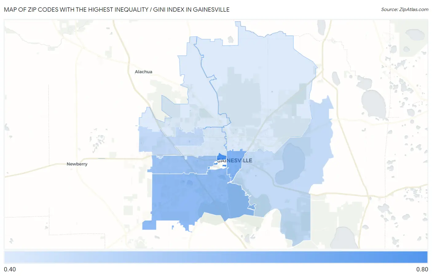 Zip Codes with the Highest Inequality / Gini Index in Gainesville Map