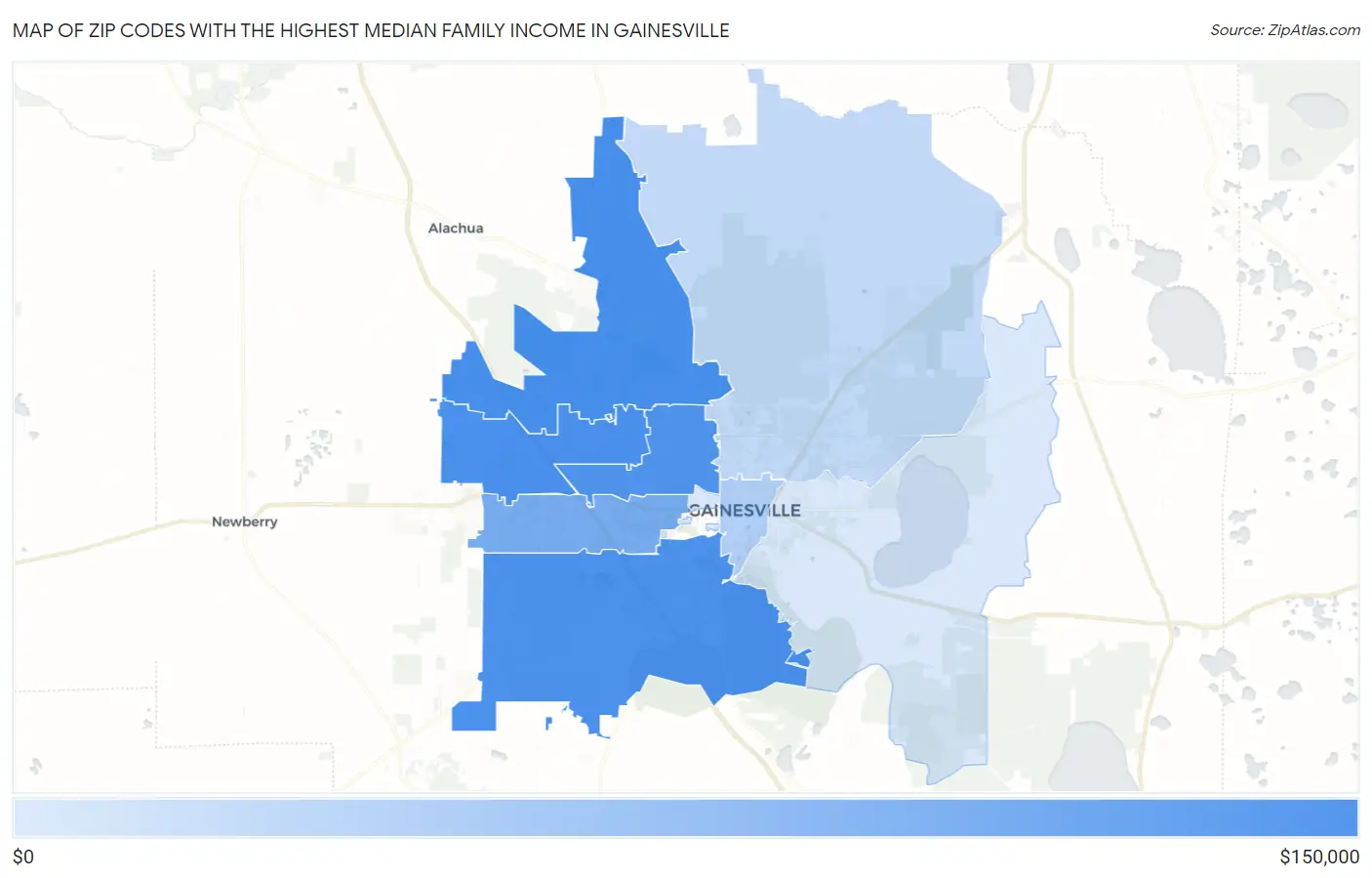 Zip Codes with the Highest Median Family Income in Gainesville Map