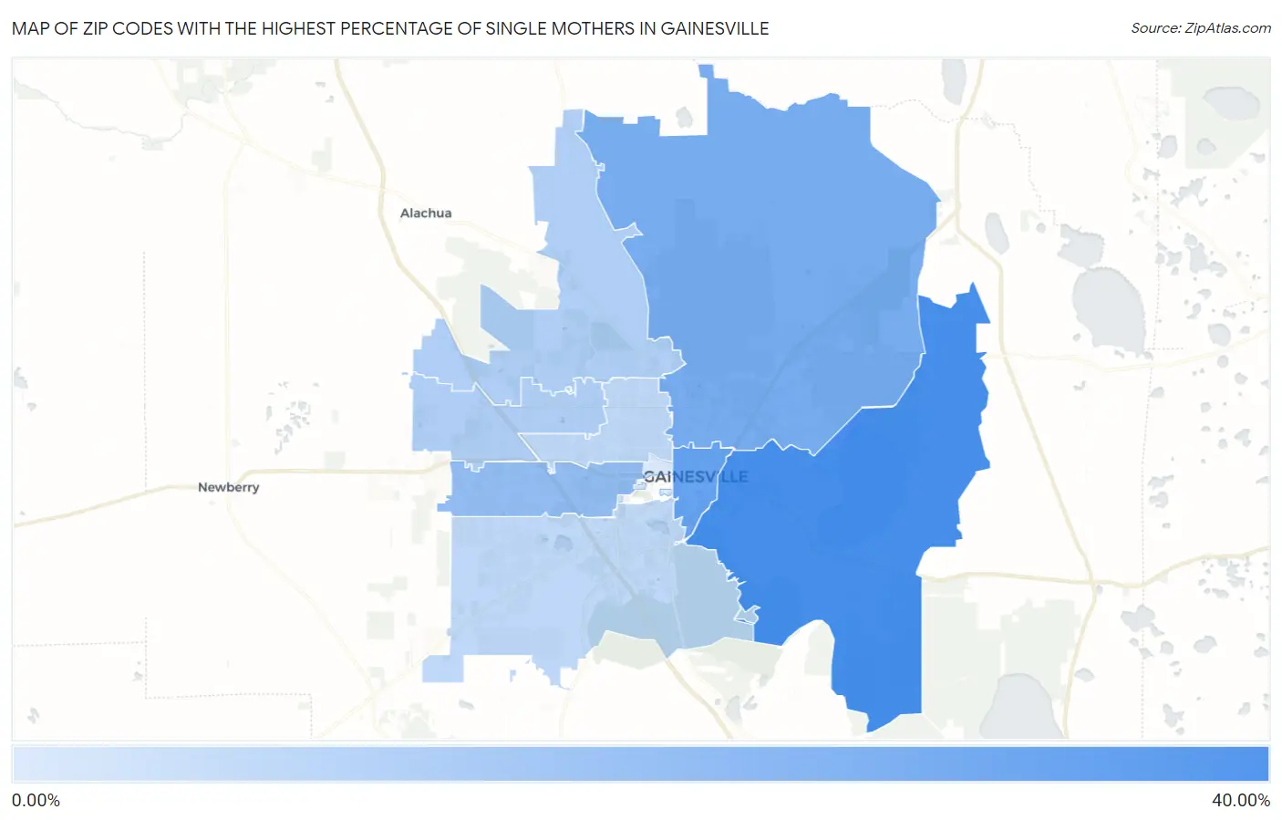 Zip Codes with the Highest Percentage of Single Mothers in Gainesville Map