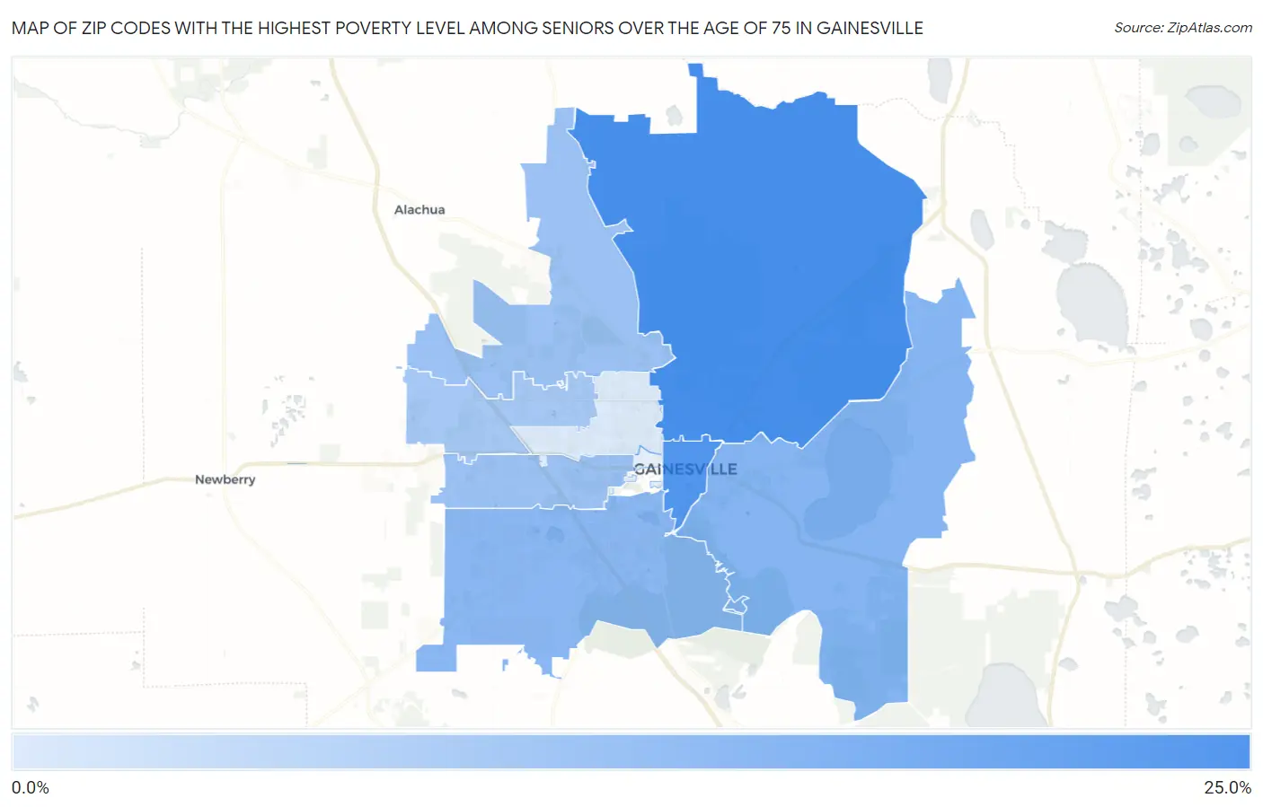 Zip Codes with the Highest Poverty Level Among Seniors Over the Age of 75 in Gainesville Map