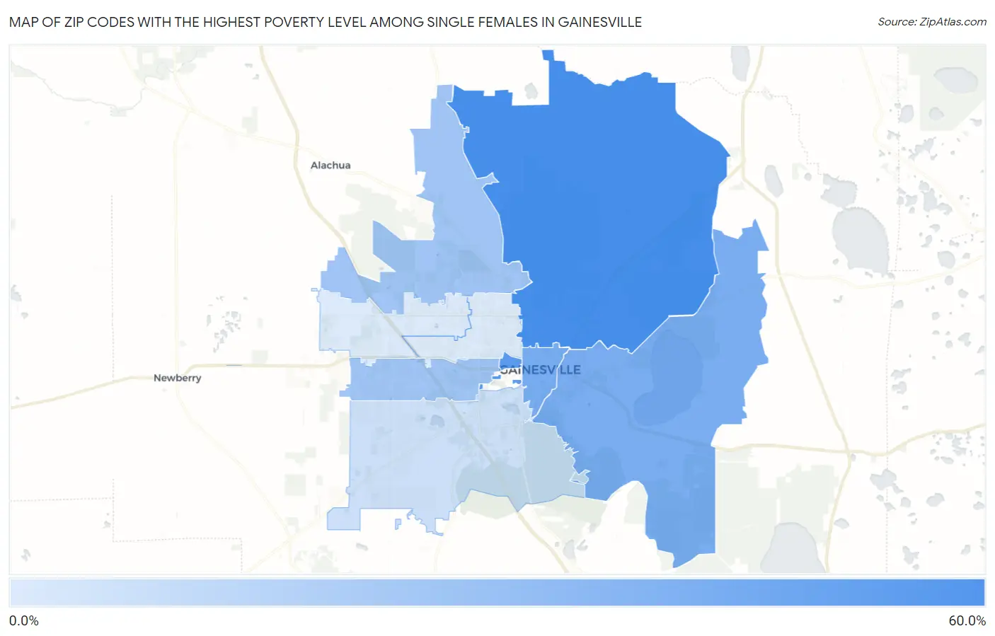 Zip Codes with the Highest Poverty Level Among Single Females in Gainesville Map