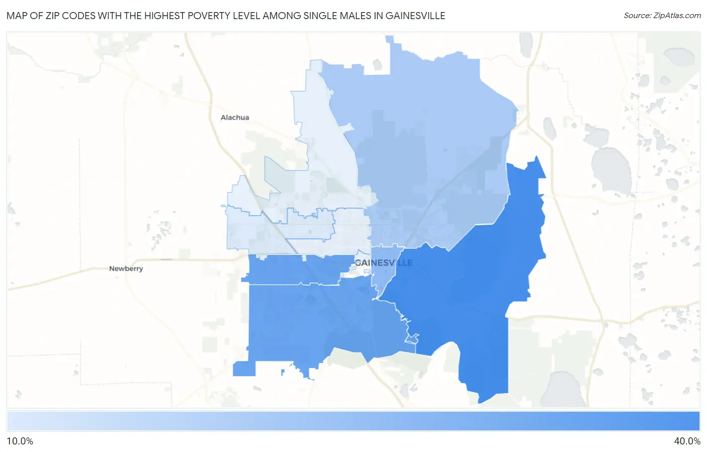 Zip Codes with the Highest Poverty Level Among Single Males in Gainesville Map