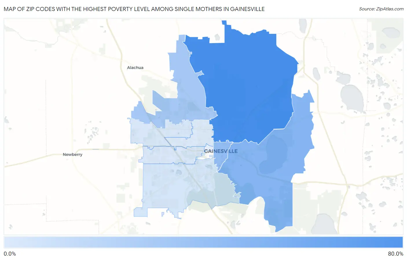 Zip Codes with the Highest Poverty Level Among Single Mothers in Gainesville Map